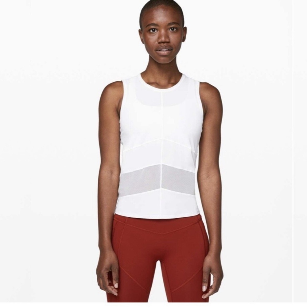 LULULEMON COURT CRUSH TANK TOP WHITE POLKA DOT MESH WOMENS ATHLETIC TANK READ